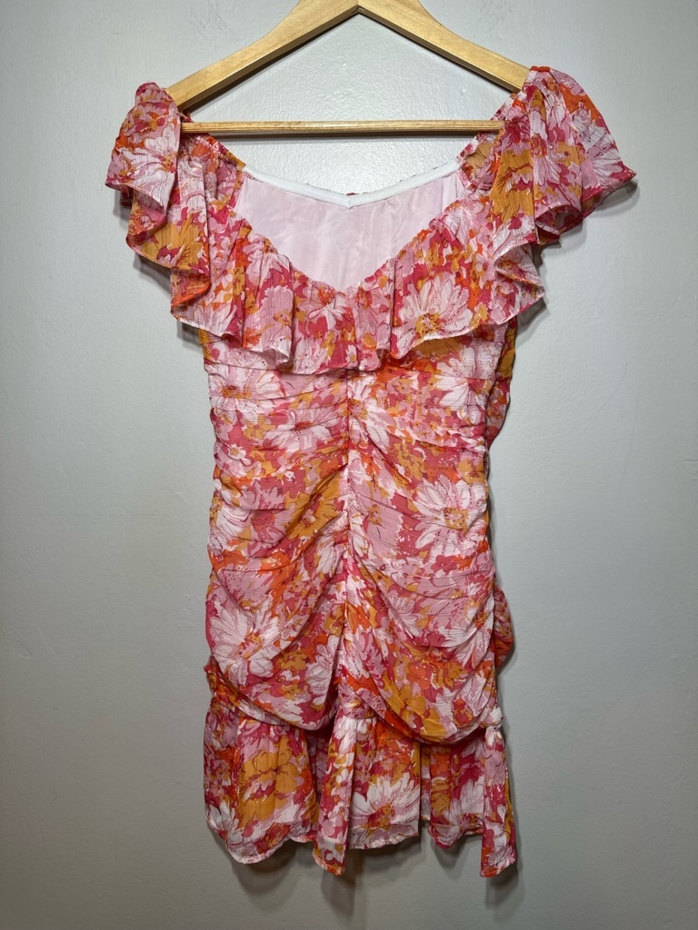 Fortunateone Floral Off-Shoulder Ruffle Mini Dress pink and orange Size Small - Picture 4 of 8